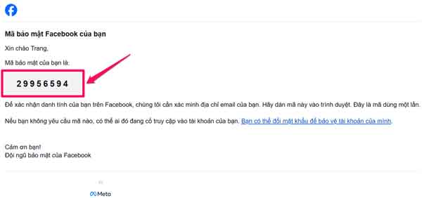 Mã xác nhận xoá email Facebook