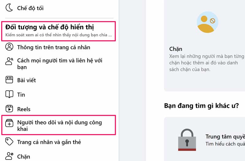 Chọn Người theo dõi và nội dung công khai