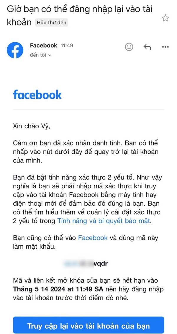 Mã xác thực 2 yếu tố Facebook