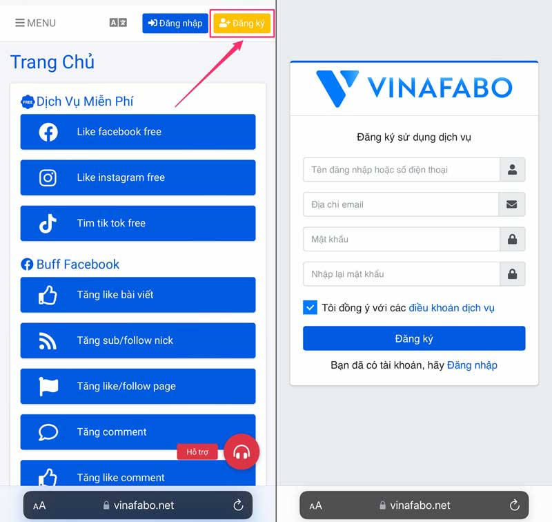 Đăng ký và nạp tiền vào hệ thống vinafabo