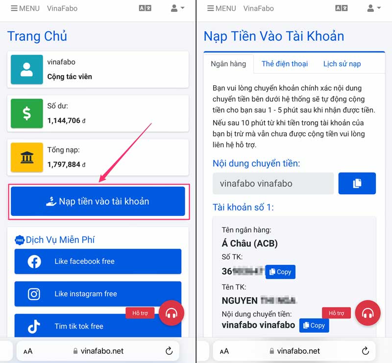 Nạp tiền vào hệ thống VinaFabo