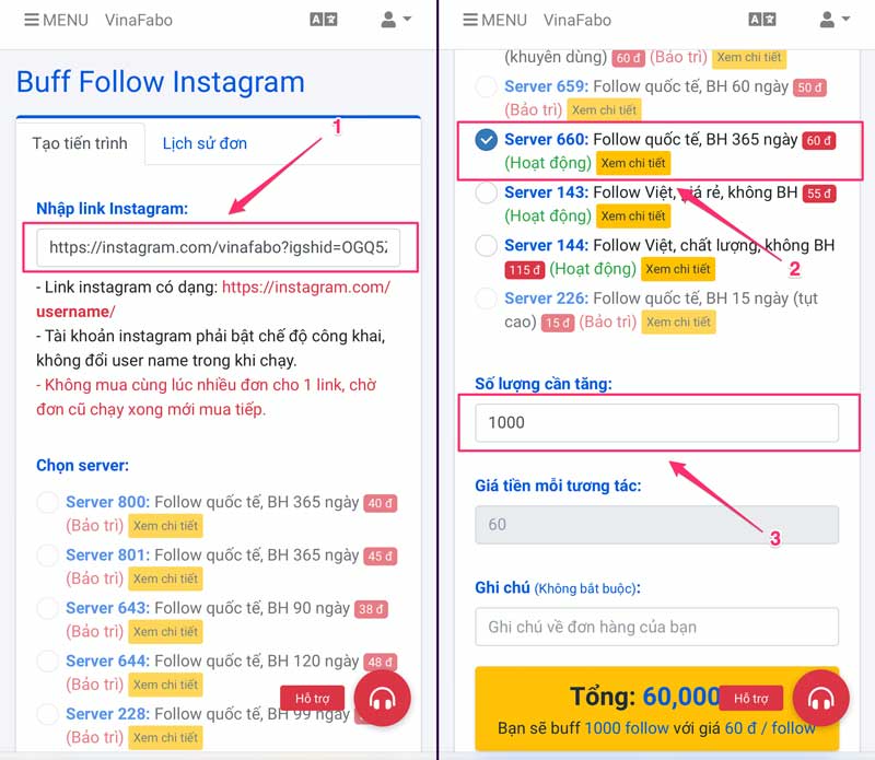 Nhập link Instagram cần mua follow