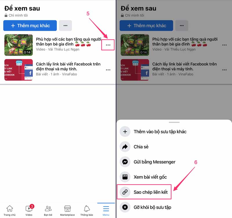 Sao chép link video Facebook trên điện thoại