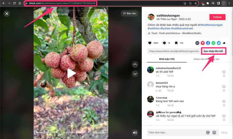 Sao chép link video Tiktok trên máy tính