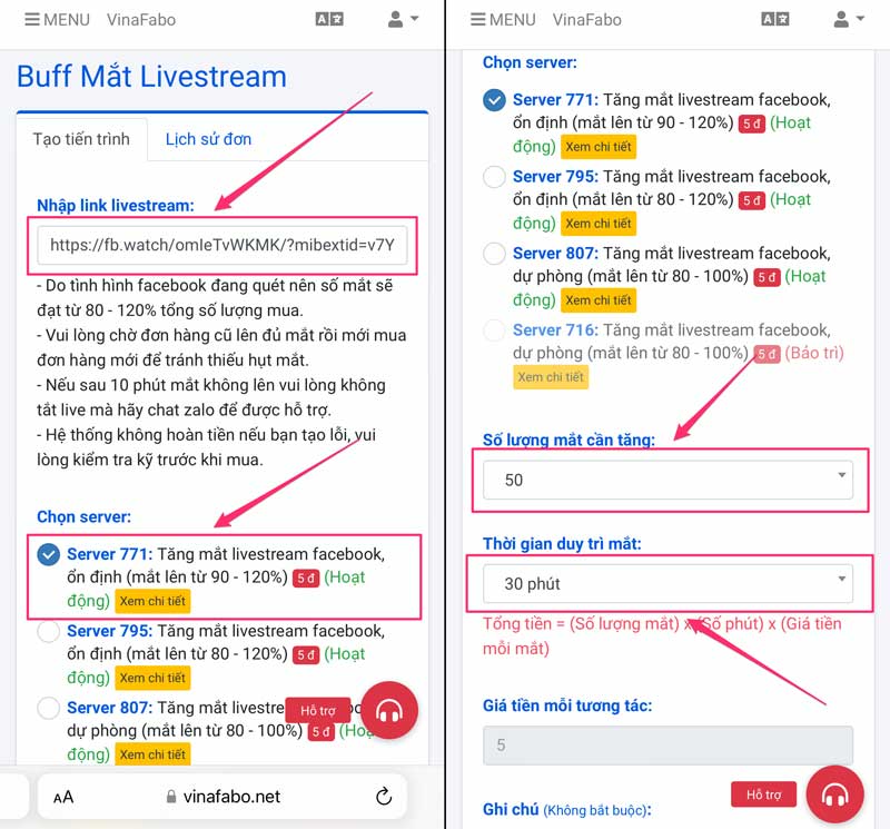 Tạo đơn mua mắt livestream Facebook