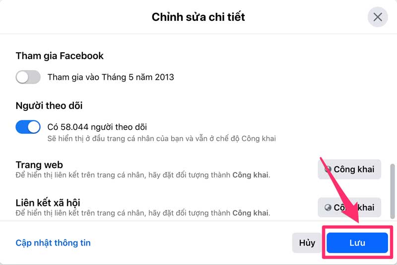 Nhấn Lưu hiển thị số người theo dõi Facebook