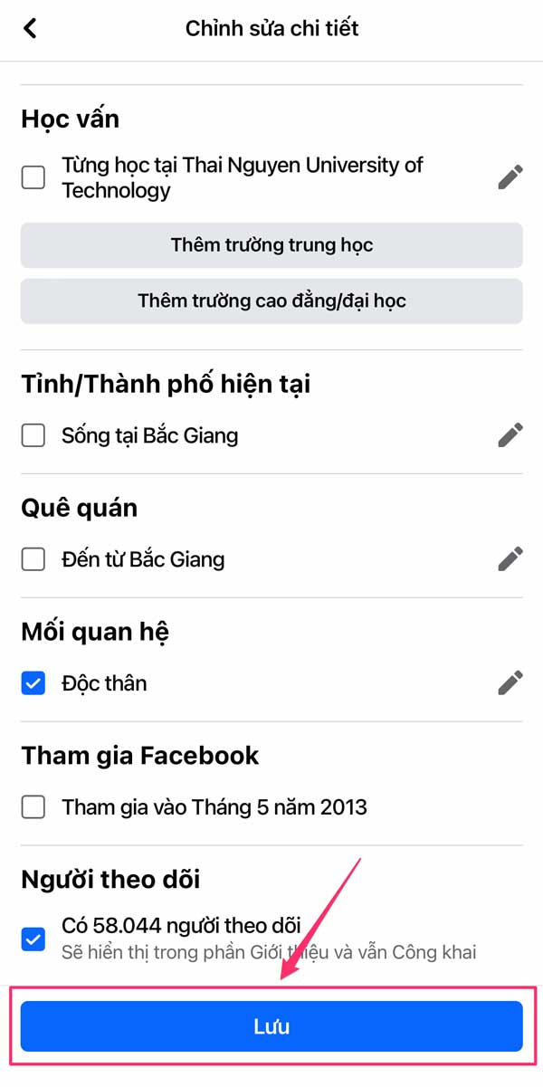 Bấm lưu hiển thị người theo dõi trên điện thoại