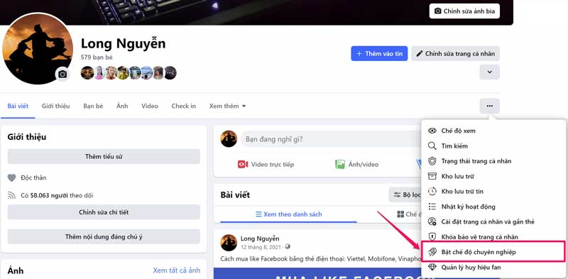 Cách bật chế độ chuyên nghiệp Facebook trên máy tính - Bước 3