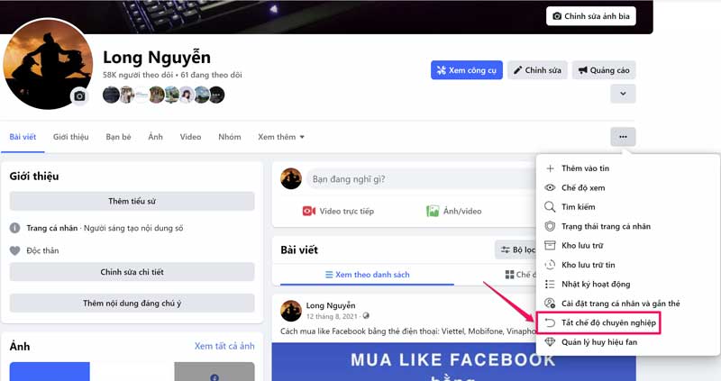 Cách tắt chế độ chuyên nghiệp Facebook trên máy tính - Bước 3