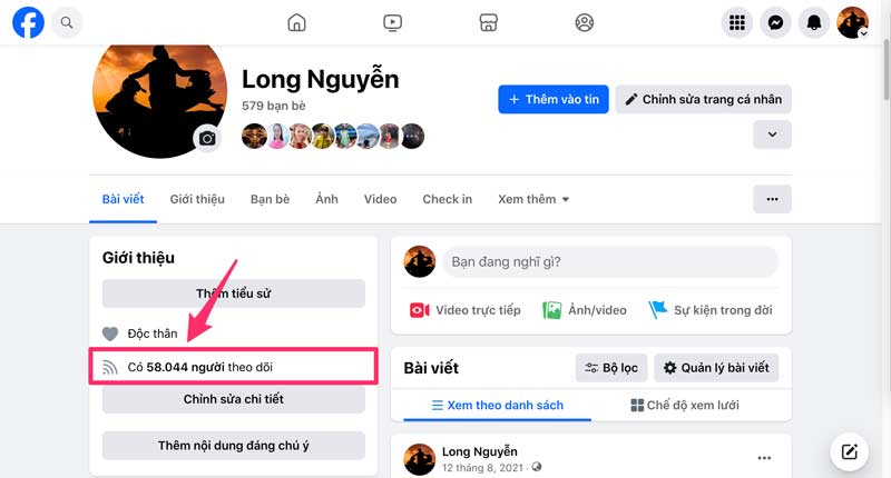 Kết quả hiển thị người theo dõi Facebook trên máy tính