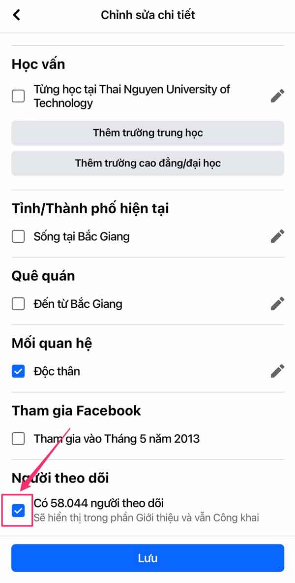 Tích vào ô bên cạnh số lượng người theo dõi